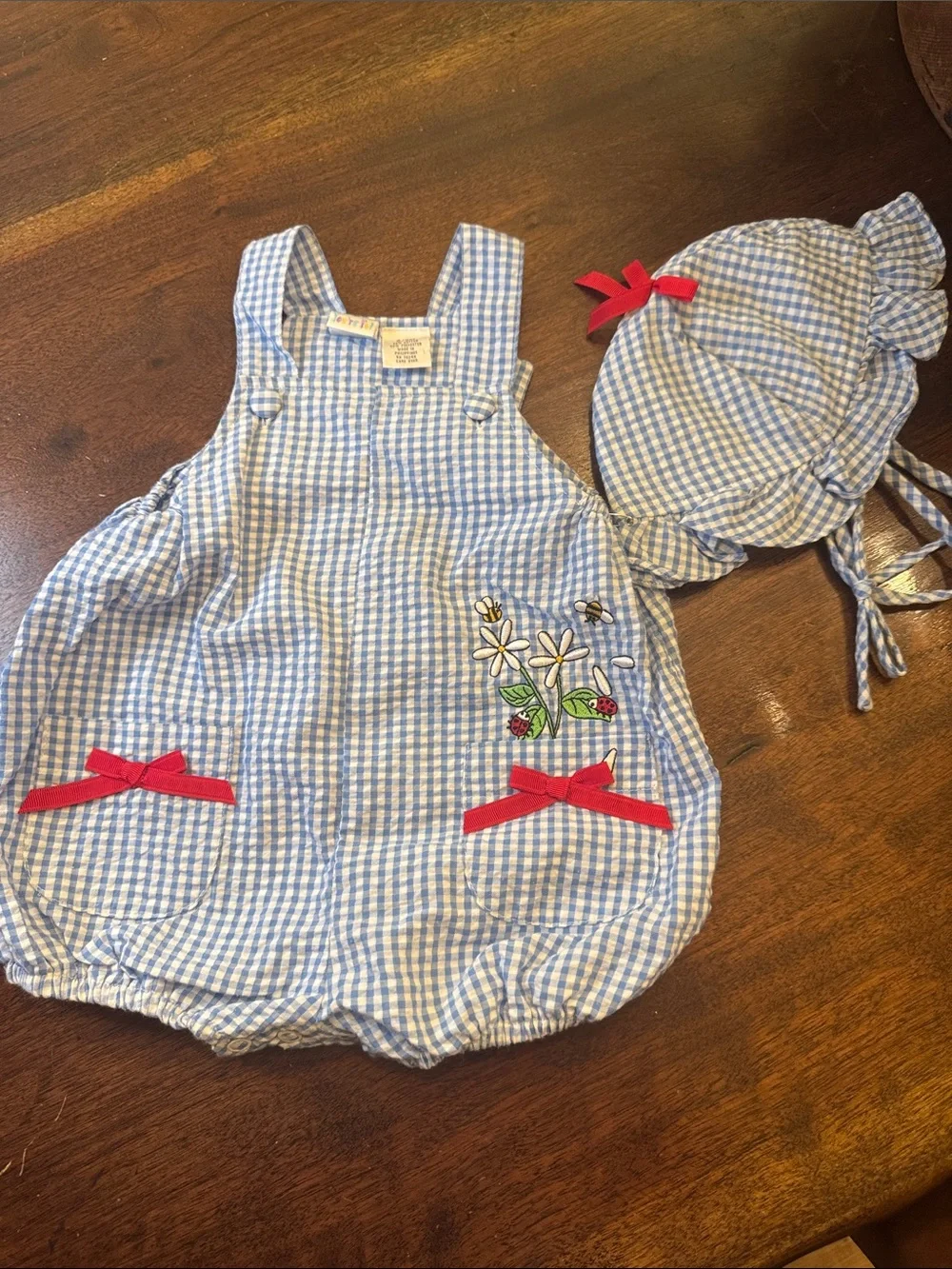 Baby you’re it! Children's Blue Gingham Floral Bubble Romper with Matching Hat